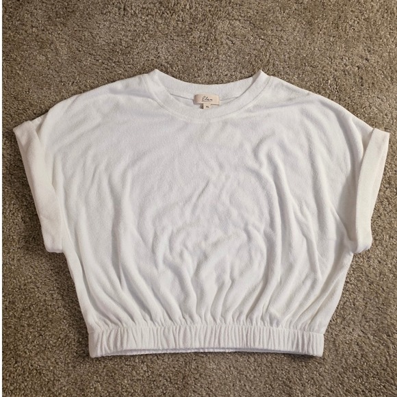 Elan Tops - Elan Women White Terry Cloth Short Sleeve Elastic Hem Crop Top XL New